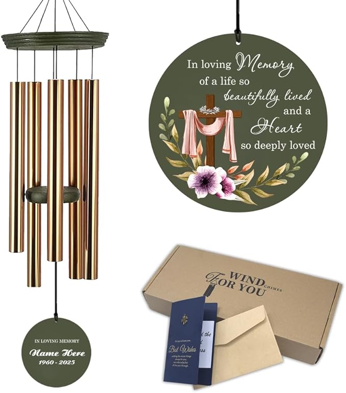 Personalized Sympathy Wind Chimes, 30-inch Cross Wind Chime Customized Memory Words for Loss of a Loved Person, Sympathy Bereavement Gifts, Decorative Wind Chimes Outdoor, Product in USA