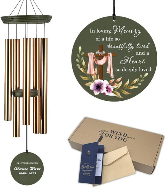 Personalized Sympathy Wind Chimes, 30-inch Cross Wind Chime Customized Memory Words for Loss of a Loved Person, Sympathy Bereavement Gifts, Decorative Wind Chimes Outdoor, Product in USA