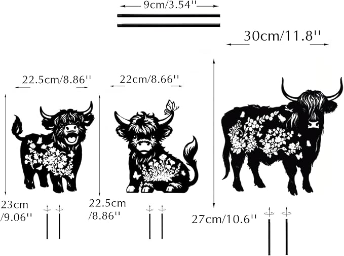 Metal Highland Cattle Decor for Outside,3 Piece Black Highland Cattle Silhouette Statues Garden Decor for Outside,Outdoor Decor,Yard Art,Lawn Ornaments,Gifts(Black Highland Cattle)