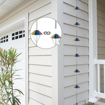 9.6 Ft Rain Chains for Outside, Colorful Parachute Shape Rain Catcher Chain with 10 Cups for Eaves Drainage, Replacement Downspout for Gutters