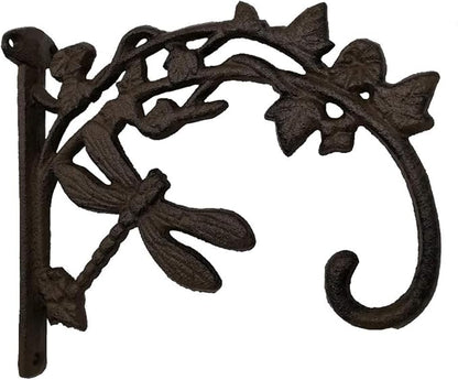 Comfy Hour 9.25" Dragonfly Decorative Plant Wall Hanger, Heavy Duty Cast Iron Wall Mount Bracket for Hanging Baskets, Bird Feeders, Lanterns & Wind Chimes, Vintage Brown, 1 Pack
