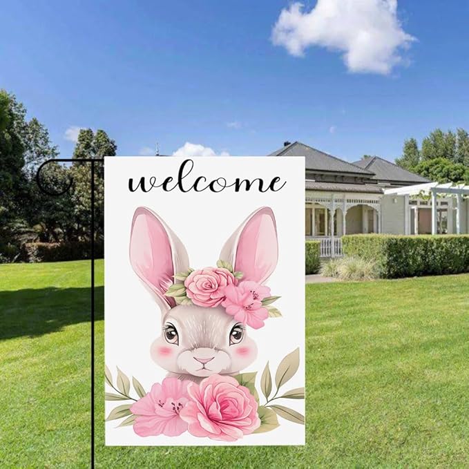 Gkyygk Garden Flag Welcome Cute Pink Rabbit Flowers Double Sided 12x18 Inch Banners Yard House Outside Outdoor Summer Decoration