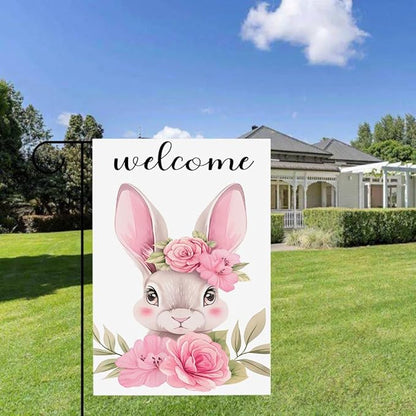 Gkyygk Garden Flag Welcome Cute Pink Rabbit Flowers Double Sided 12x18 Inch Banners Yard House Outside Outdoor Summer Decoration