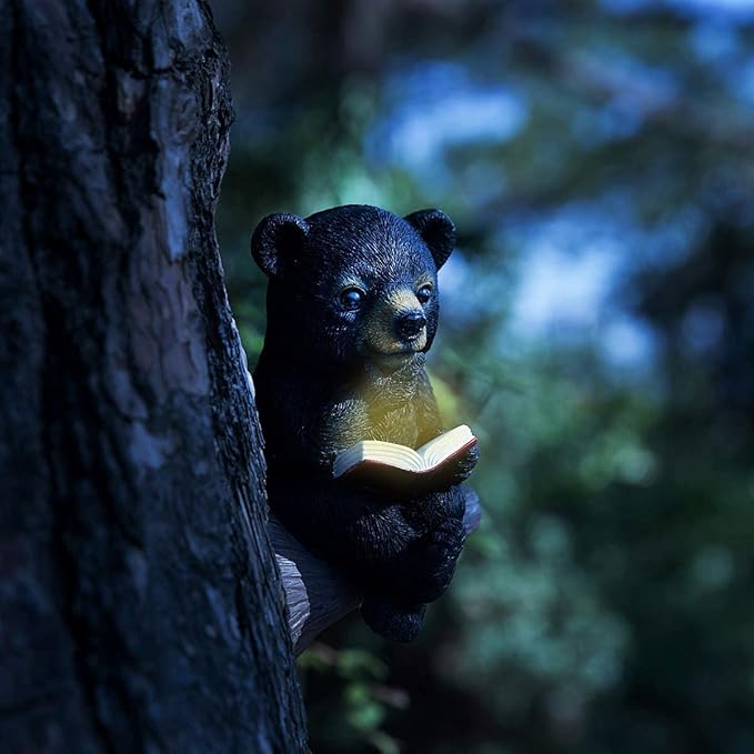 Sitting Bear Tree Hugger with Solar LED Light, Cute Bear Reading Book Garden Statue, Resin Animal Figurine Outdoor Decor, Yard Art Sculpture for Lawn, Yard, Patio, Porch Ornaments