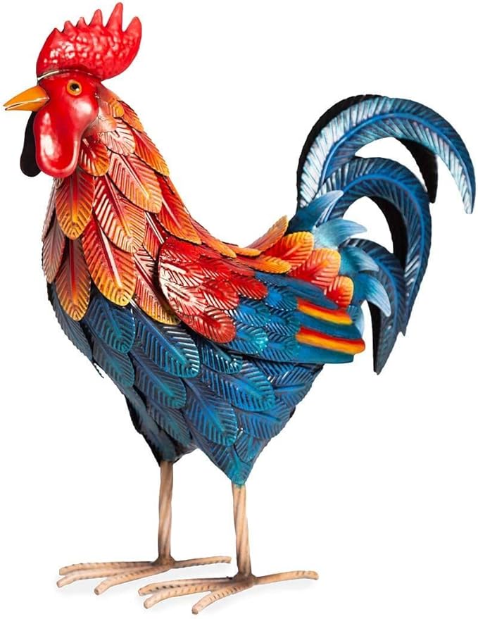 Wind & Weather Colorful Iron Rooster Garden Statue 14.5" W by 16" H by 6" D Rooster Statue for Garden, Patio, Porch, or Kitchen with Textured Feathers and Powder Coat Finish for Long-Lasting Color