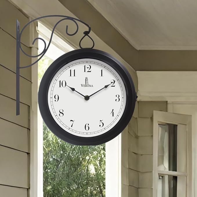 Metal Double Sided Wall Clock 10" - Decorative Indoor Outdoor Double Sided Clock - Easy to Read, Hanging Train Station Style for Patio, Garden, Office & More - Antique Style Outside Corner Wall Decor
