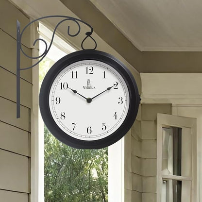 Metal Double Sided Wall Clock 10" - Decorative Indoor Outdoor Double Sided Clock - Easy to Read, Hanging Train Station Style for Patio, Garden, Office & More - Antique Style Outside Corner Wall Decor