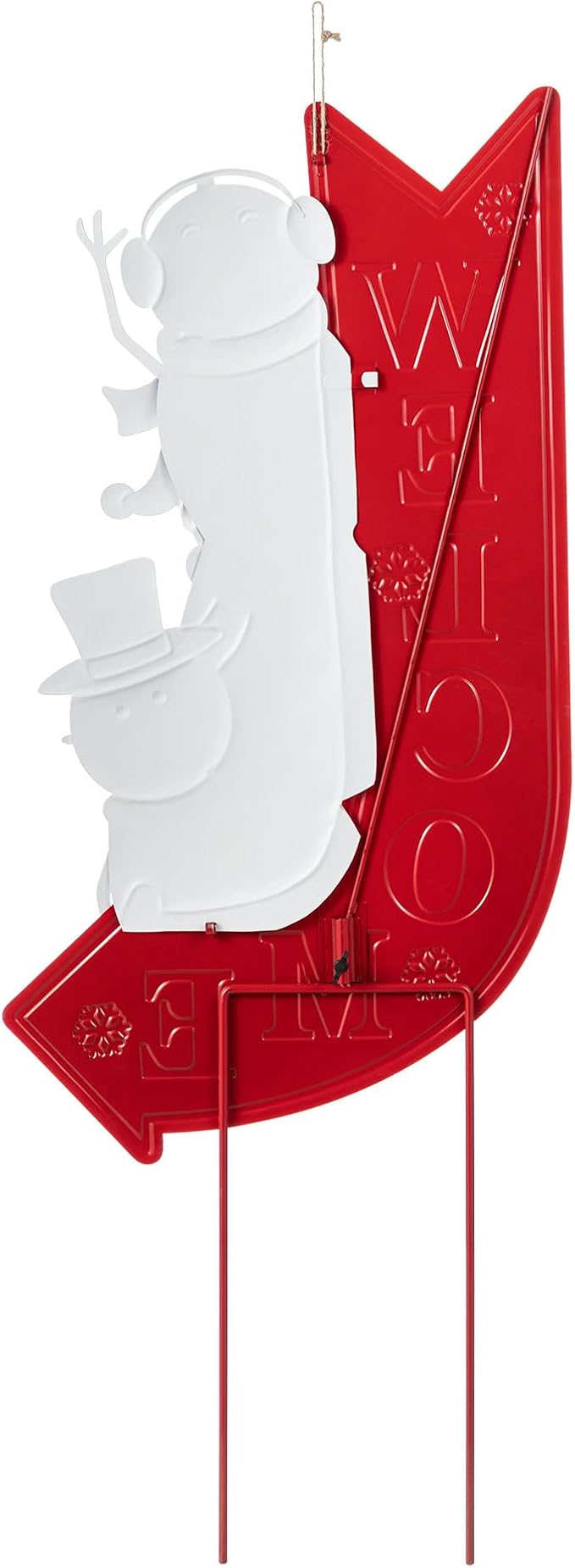 Glitzhome Christmas Welcome Yard Stake, 35.75 Inch Snowmen with Red Arrow Sign, Metal Outdoor Holiday Decor for Lawn, Garden, Porch, Easy Assembly Iron Wall or Ground Decoration