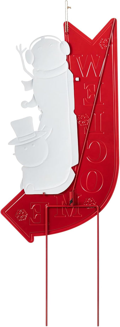 Glitzhome Christmas Welcome Yard Stake, 35.75 Inch Snowmen with Red Arrow Sign, Metal Outdoor Holiday Decor for Lawn, Garden, Porch, Easy Assembly Iron Wall or Ground Decoration