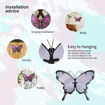 LIFFY Metal Butterfly Wall Decor, 12" Glass Butterfly Outdoor Wall Art, Hanging Garden Decorations for Yard Fence Patio