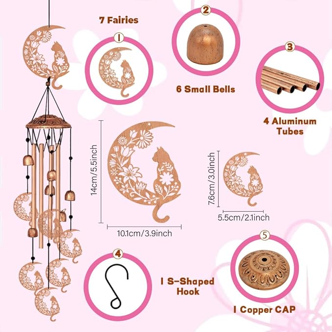 Wind Chimes for Outside, Cat Moon Aluminum Tube Windchime Melodious Melodic for Porch Patio Garden Decor, Unique Metal Memorial Wind Chimes Housewarming Gifts for Friends and Family