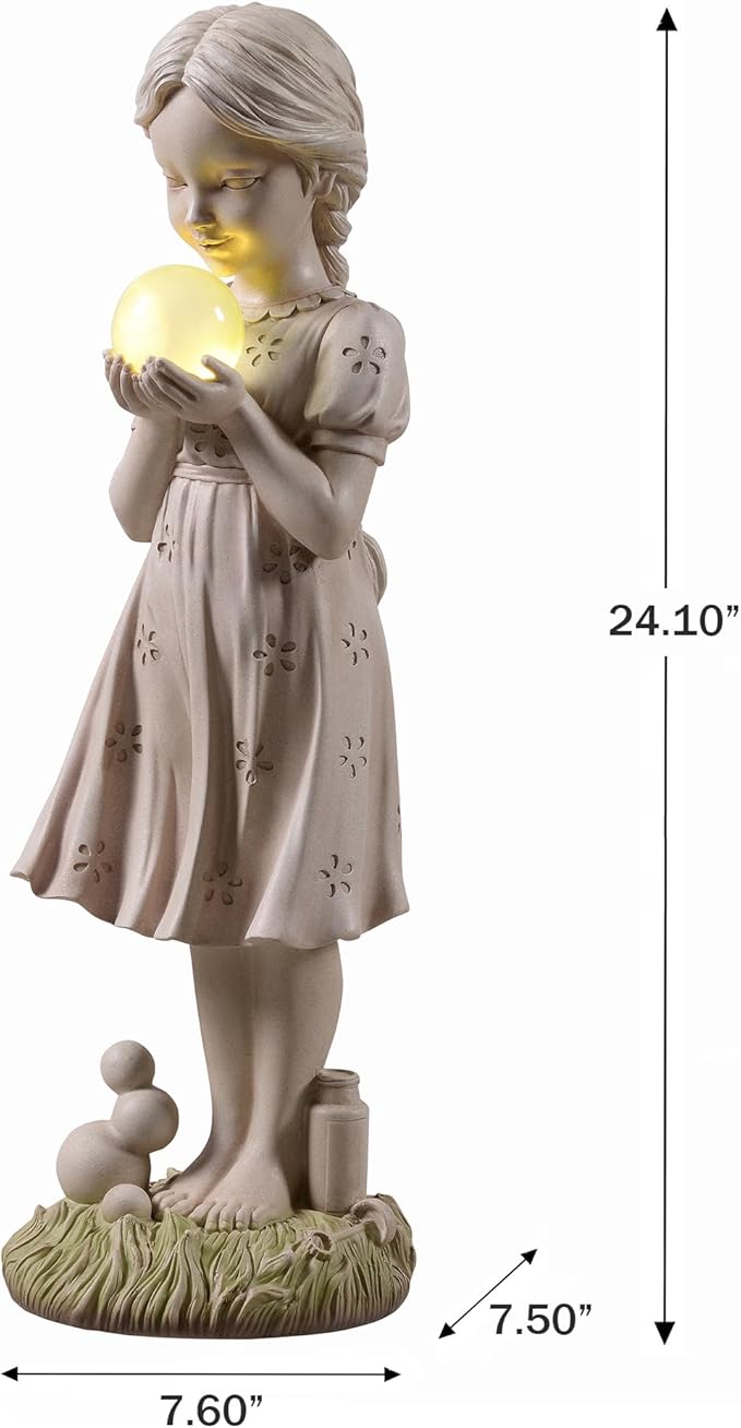Hi-Line Gift Ltd. Girl Holding Bubble Lighted Garden Statue Solar Powered LEDs