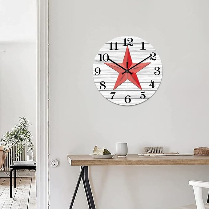 Retro Farmhouse Wall Clock Western Texas Star Vintage Retro Style Wood Clock Silent Non-Ticking Battery Operated Wooden Desk Clock for Living Room School Patio Home Accent 15 Inch