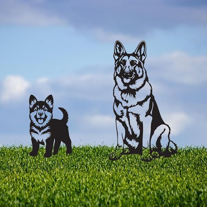 Metal Garden Dogs German Shepherd Stakes(2 Pack), German Shepherd Garden statue for Women/Men Dog Lovers Gifts for Lawn Ornaments, Garden Decorations, Yard Art