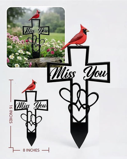 Metal Cemetery Memorial Plaque for Remembrance Cardinal Graveyard Decorations for Humans Red Bird Markers Cross Sign Garden Outdoor Stake Miss You Headstones Easter Sympathy Gifts Tombstones(3pcs)