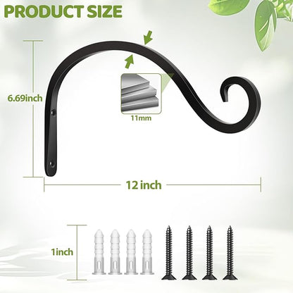 BOLITE Plant Hangers Outdoor Indoor, 12 Inch Wall Plant Hooks, Metal Bird Feeder Hanger for Hummingbird Feeders, Planters, Lanterns, Wind Chimes, Home Decor, 2 Pack, Black, Gifts for Women Men