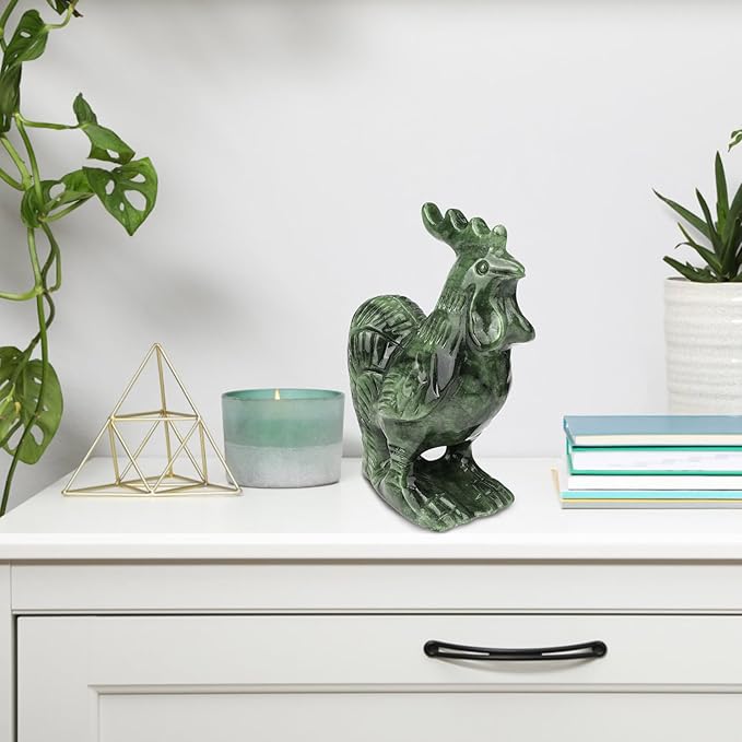 Real Jade Rooster Statue - 3.8 Inch Hand-Carved Gemstone Sculpture, Feng Shui Lucky Animal Figurine for Home/Garden/Office Decor