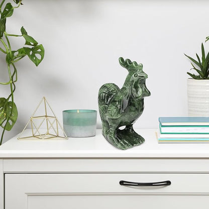 Real Jade Rooster Statue - 3.8 Inch Hand-Carved Gemstone Sculpture, Feng Shui Lucky Animal Figurine for Home/Garden/Office Decor