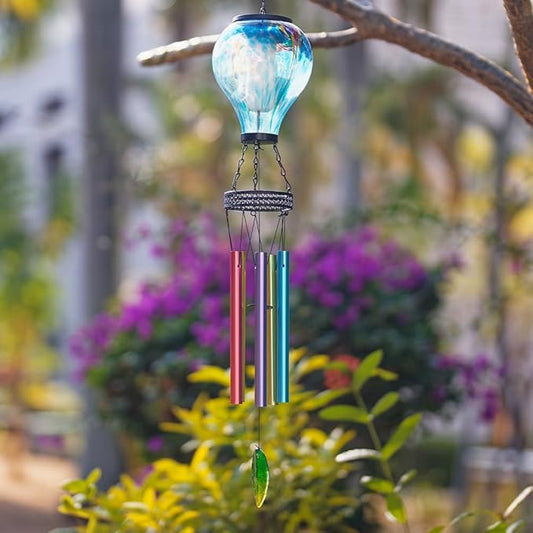 Starsoul Solar Wind Chimes for Outside, Sea Blue Hot Air Balloon Wind Chime with Flickering Flame, Outdoor Glass Windchimes Garden Decor, Gift for Mother's Day