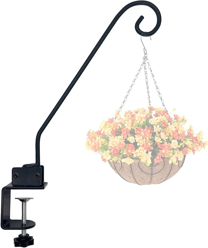 Heavy Duty Deck Hook,Courtyard Decoration,Pole 16.5”Long Metal Deck Railing Hooks for Hanging Bird Feeders,Planters,Suet Baskets,Lanterns,Wind Chimes,Clamp Mounted,Under 18 LBS