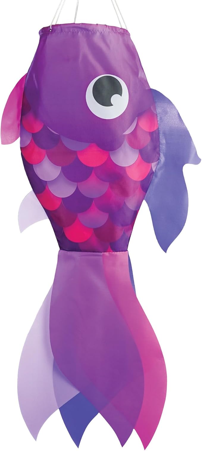 In the Breeze 5223 — 30-inch Lavender Damsel Fish — Colorful Purple Fishsock Hanging Garden Decor with Detailed Printed Graphics