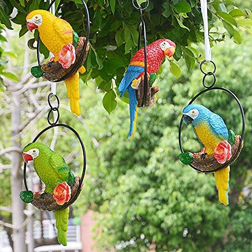 Mini Garden Statues Hanging Iron Ring Parrots, Resin Parrot Hanging Statue, Hanging Birds Figurine for Pathways Yard Patio Office Home Indoor Outdoor Tree Decorations (A-3)