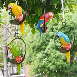 Mini Garden Statues Hanging Iron Ring Parrots, Resin Parrot Hanging Statue, Hanging Birds Figurine for Pathways Yard Patio Office Home Indoor Outdoor Tree Decorations (A-3)