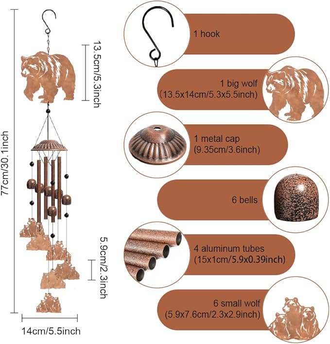 OLYCRAFT Bear Metal Wind Chimes Outdoors Wind Chime Sympathy Memorial Windchime Outdoors Sympathy Windbell Memorial Presents Hanging Windbell for Patio Backyard Home Garden Yard Wedding Decor-30 Inch