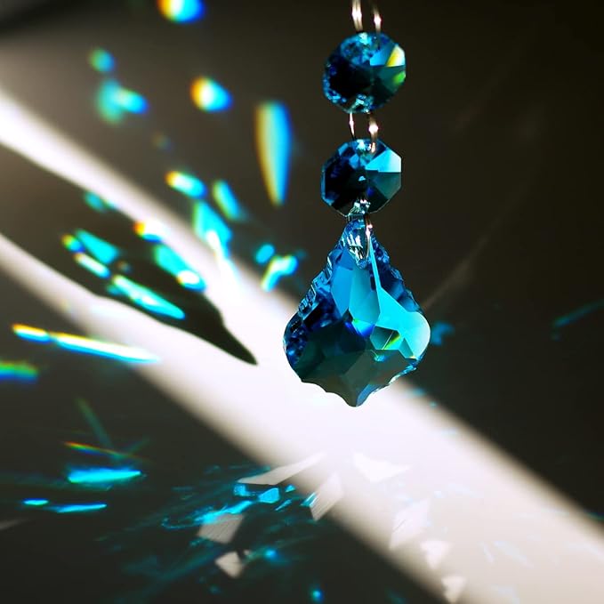 20pcs Chandelier Crystals Maple Leaf Prism Pendant Parts Connected Glass Octagon Beads Chain for Chandelier Decoration 38mm (Indicolite)