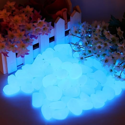 Glow in the Dark Garden Pebbles 150pcs Outdoor Decor Bulk Blue Eden Glow Stones DIY Walkway Driveway Fairy Decoration Luminous Rocks Aquarium Fish Tank Gravels (White in Daytime, Blue in the Dark)