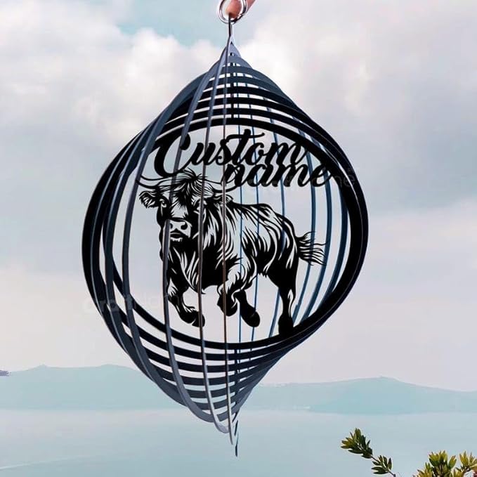 Personalized Highland Cow Metal Wind Spinner, Custom Farmhouse Ornament for Outdoor Display, Kinetic Yard Sculpture, Rustic Gift (Highland Cow Garden Wind Spinner)