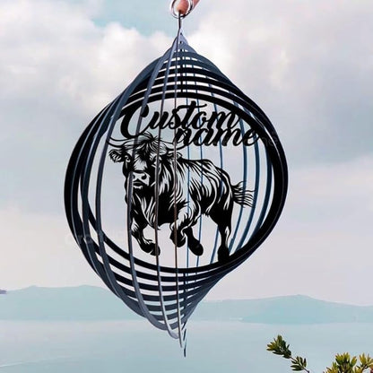 Personalized Highland Cow Metal Wind Spinner, Custom Farmhouse Ornament for Outdoor Display, Kinetic Yard Sculpture, Rustic Gift (Highland Cow Garden Wind Spinner)
