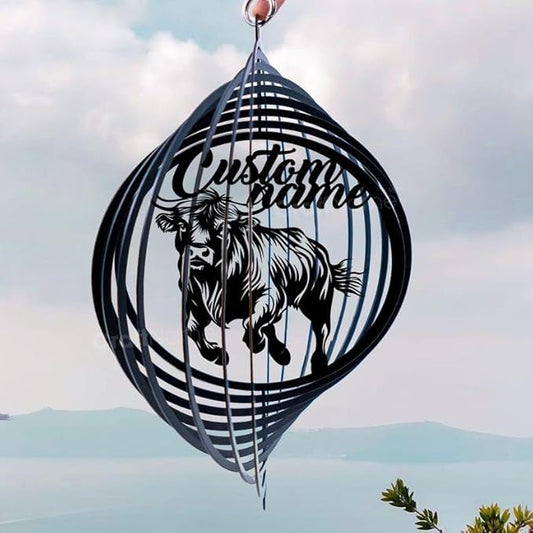 Personalized Highland Cow Metal Wind Spinner, Custom Farmhouse Ornament for Outdoor Display, Kinetic Yard Sculpture, Rustic Gift (Highland Cow Garden Wind Spinner)