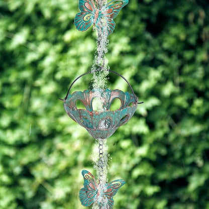 12FT Rain Chains for Outside, Metal Rain Chain with Butterfly Decor, Adjustable Rain Catcher Chain with Bell for Eaves Drainage, Replacement for Downspout (12 Cups)