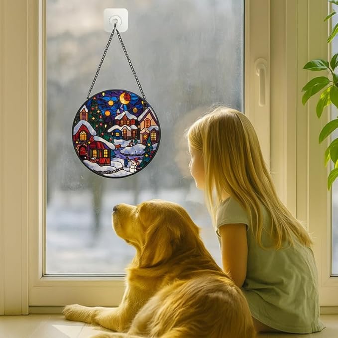 Stained Glass Window Hanging - Christmas Snowy Village at Night Sun Catchers Panel for Indoor Decorative Display for Mom, Wife, Lovers, Festive