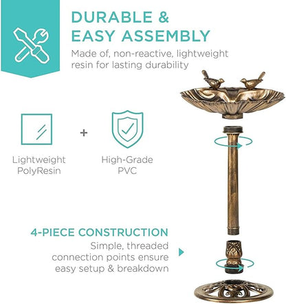 Water Fountain and Birdbath Solar Powered Polyresin Vintage Bronze/Green Outdoor Pond Fountain Combo Set Freestanding Bird Feeders for Garden Patio Deck or Yard