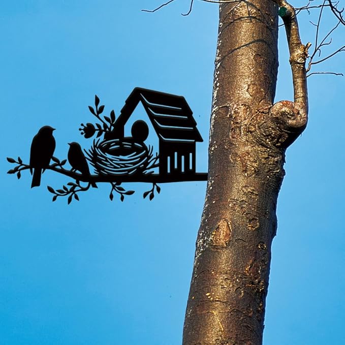 SUPERDANT A Bird's Nest on Branch Metal Garden Decor Birdie's Home Outdoor Garden Ornament Black Silhouette Outdoor Decor Animal Yard Stakes Decorative Metal Wall Art for Lawn Patio Gift for Gardeners