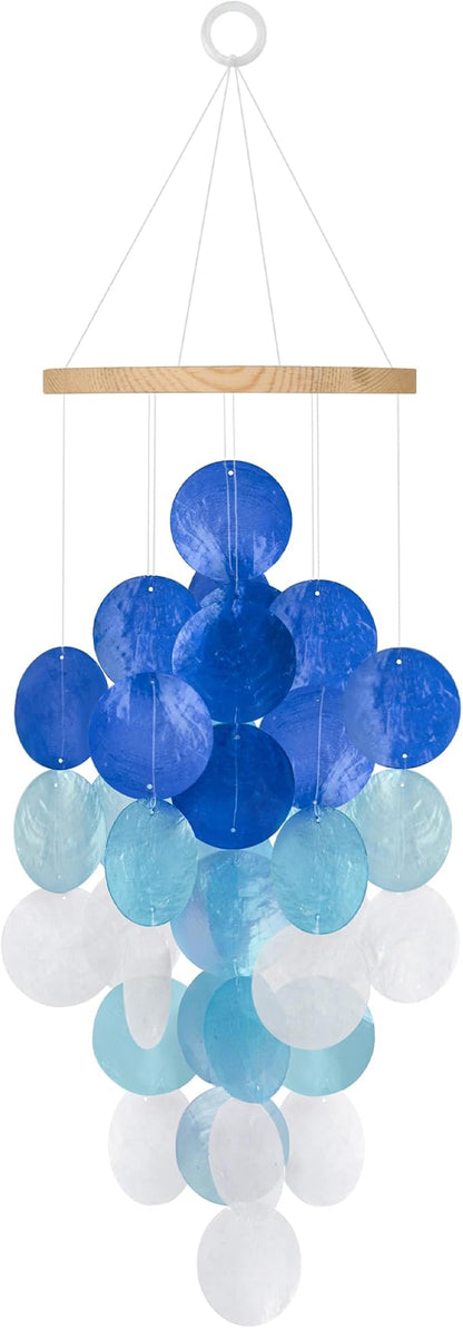 Wind Chimes for Outside, Handcrafted Blue Gradient Capiz Shells Windchime Coastal Style Decor for Indoor/Outdoors, Garden Decors, Great Gift for Women, Beach Hanging Decor, Wind Chimes Lovers