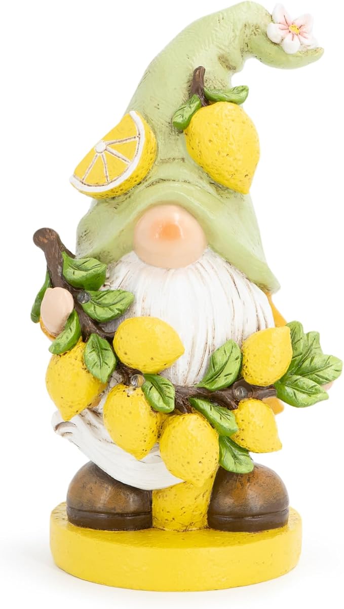 basen Solar Powered Garden Gnome Decor with Lemon Theme, Waterproof Outdoor Lawn Ornaments with Auto On/Off Light, Resin Figurine for Patio, Yard, Pathway, Porch Landscape Lighting Decorations