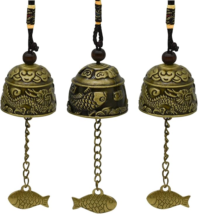 3Pcs Vintage Dragon Bronze Fish Carved Feng Shui Bell - Metal Hanging Temple for Good Luck Bless - DIY Wind Chime for Home Garden Eave Door Decoration