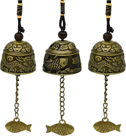 3Pcs Vintage Dragon Bronze Fish Carved Feng Shui Bell - Metal Hanging Temple for Good Luck Bless - DIY Wind Chime for Home Garden Eave Door Decoration