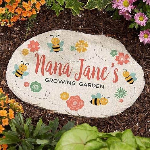 Personalization Universe Grandma's Bee Happy Garden Decor, Personalized Round Stone with Floral Design, Perfect for Outdoor Gardens, Walkways, and Mother's Day - 7.5" x 12" Size