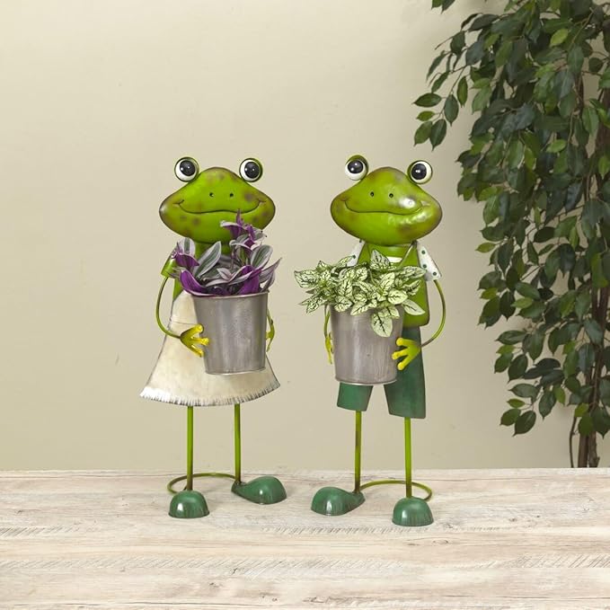 GERSON Frog Garden Figurine Metal Statue with Planter Tall Rustic Indoor Outdoor Patio Porch Decor 20"" H (Girl)