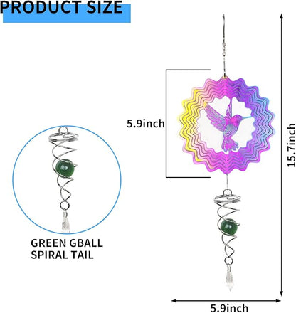 Andiker Hummingbird Wind Spinner with Tail Spinner, 3D Gradient Color Garden Spinner with Ball Spiral Tail, Metal Hanging Wind Chime for Indoor Outdoor Garden Decoration (Colorful Bird)
