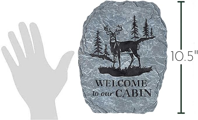 Carson 10.5" 'Welcome to Our Cabin' White Tail Deer Garden Stone - White Tail Decor for Cabin - Outdoor Deer Decorations - White Tail Buck Hunting Decor