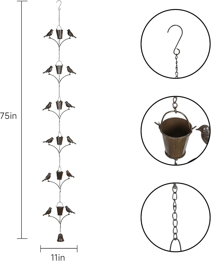 Topadorn Metal Rain Chain Decoration 6.3FT., Rain Catcher Metal Chain Gutter Downspout 76'' for House Eaves, Garden & Home, Birds & Buckets Shape Rain Chains