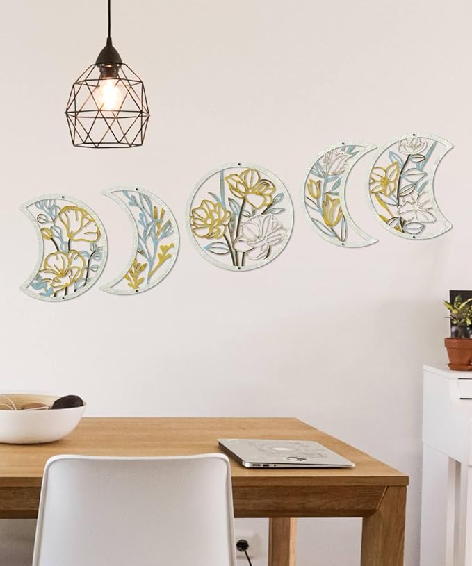 Putuo Decor 5 Pcs Moon Phase Wall Art Set, Minimalist Flower Boho Wall Decor Aesthetic, Spiritual Floral Moon Hanging Art Ornament for Apartment Living Room Bathroom Bedroom Above Bed