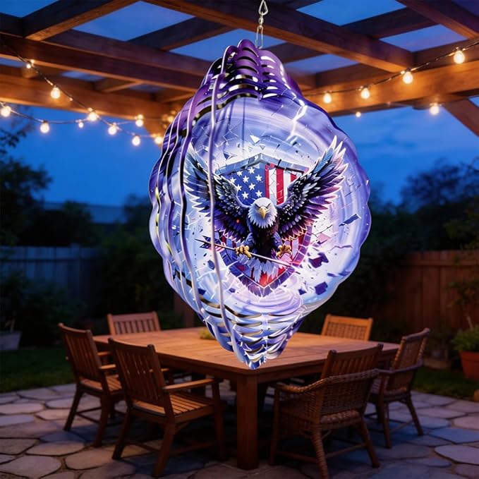 10x10 Patriotic Bald Eagle Spinning Wind Chime American Flag Lightning Wind Spinner Outdoor Garden Decor Memorial Day 4th of July Gift