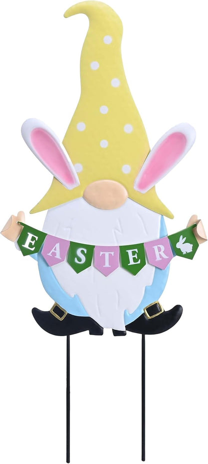 TERESA'S COLLECTIONS Easter Decorations Outdoor for Home, Metal Easter Gnomes Decor Yard Stakes, Pink & Blue Egg Rabbit Garden Stakes Gifts, Welcome Yard Signs for Outside Lawn Porch Patio, 27"