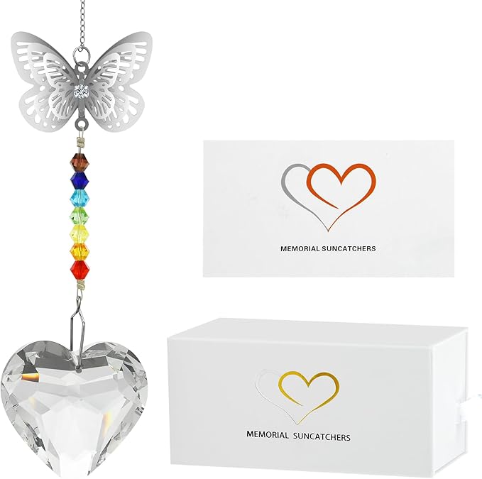 Merrynine Crystal Suncatcher, K9 Crystal Sun Catcher for Window Prism Ball, Unique Pendant Gift, Rainbow Maker with Butterfly Chain for Easy Hanging Indoor Outdoor Decoration (Butterfly Heart)